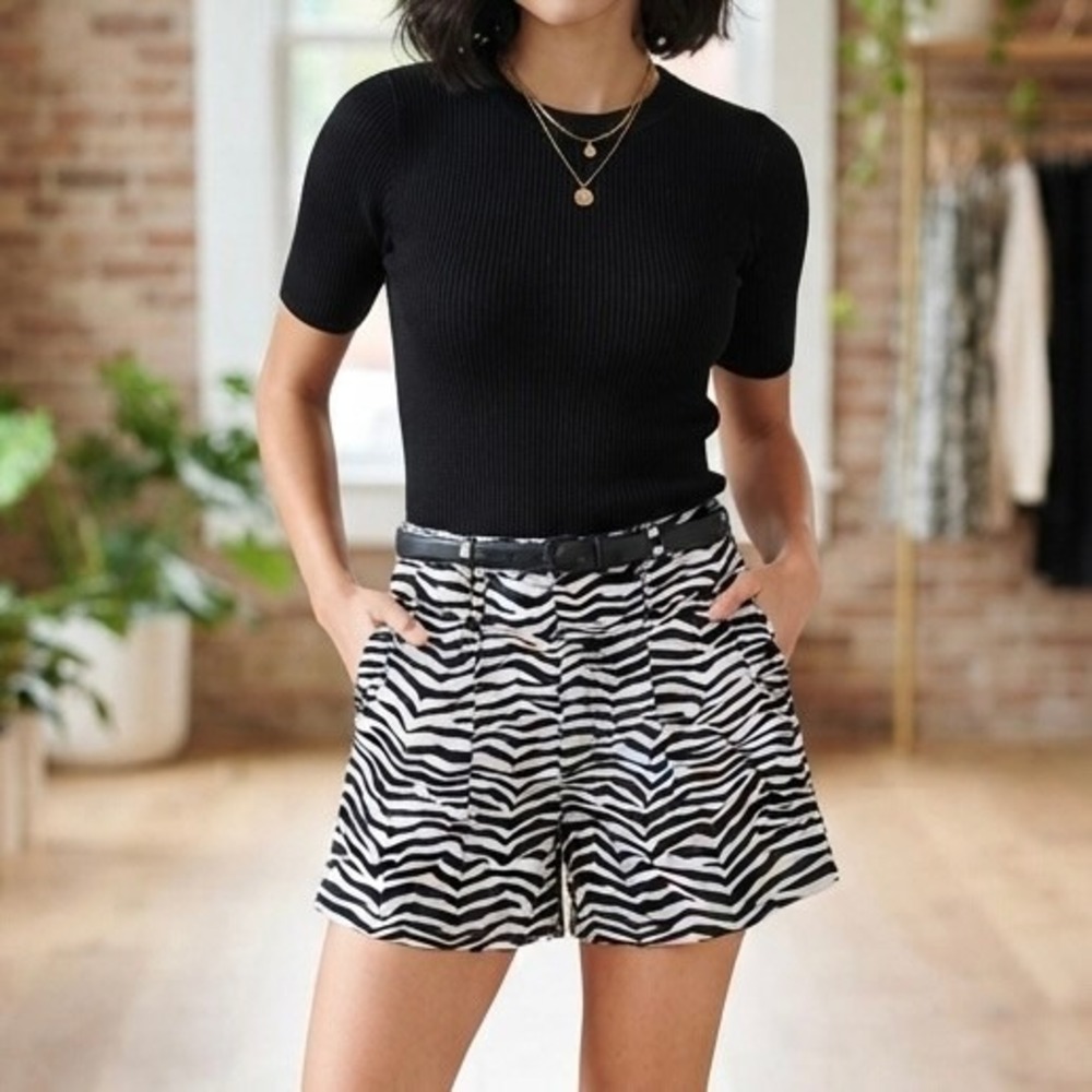 Loft Zebra Print Lyocell Shorts Small Petite Black White Elastic Waist‎ Animal